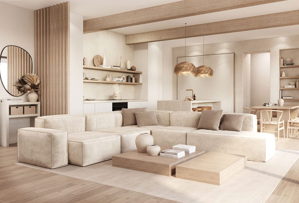 Không gian nội thất sáng hoàn thiện bằng vật liệu KES, xem được trong tour showroom 360 độ