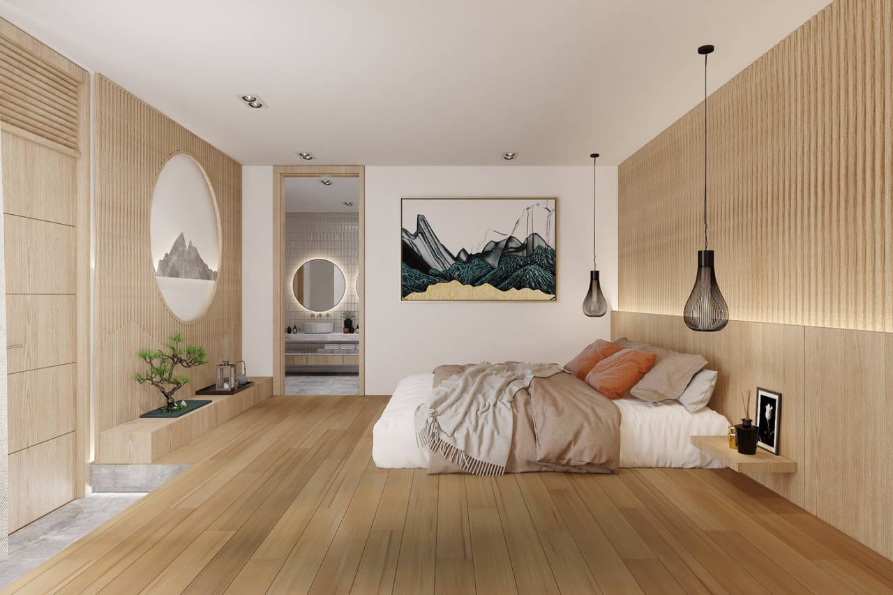 Không gian sinh hoạt chung với sofa da và nội thất gỗ, cửa kính lớn — giải pháp vật liệu trọn gói KES
